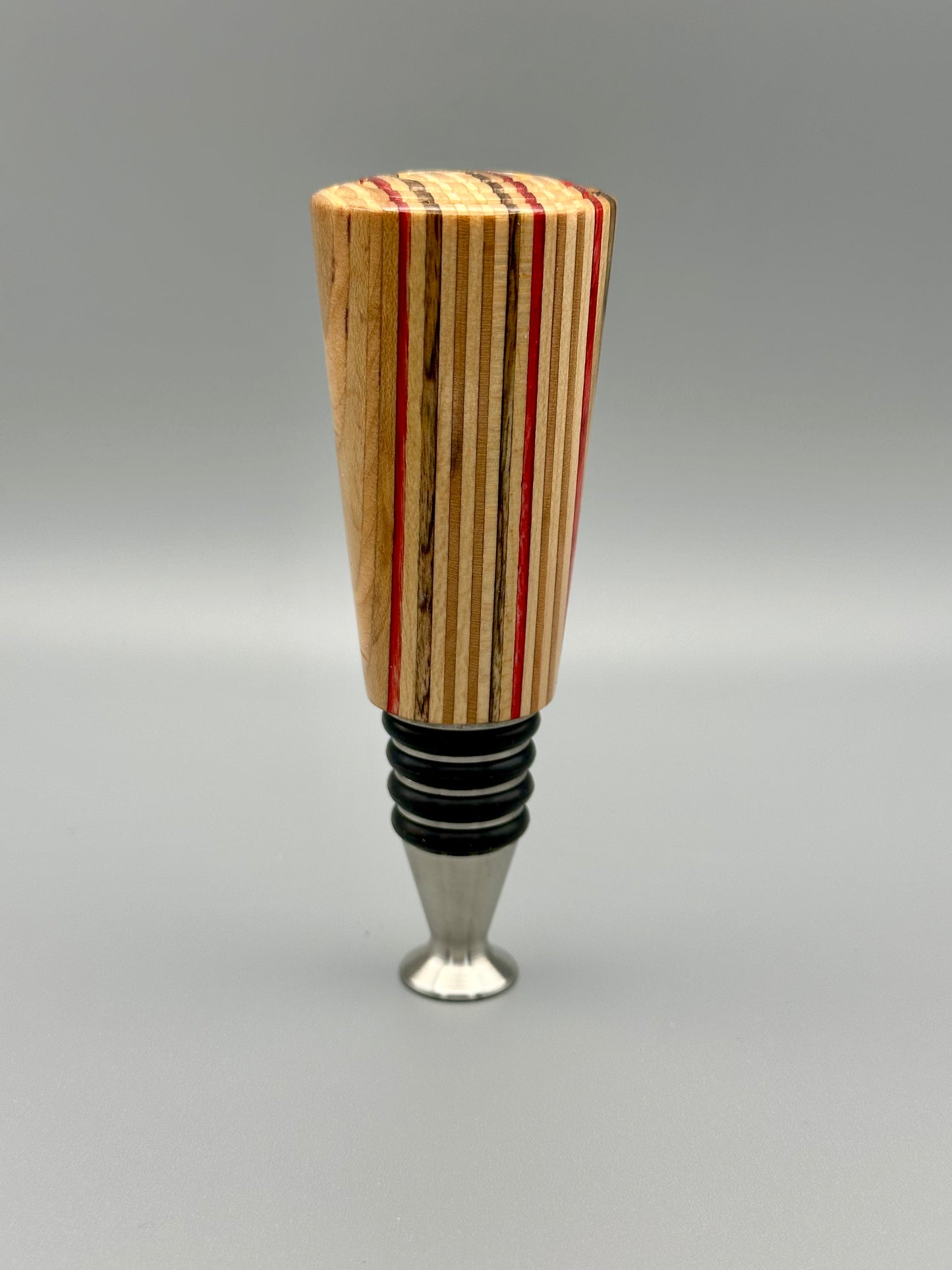 Red Streaked Wood and Stainless Steel Bottle Stopper