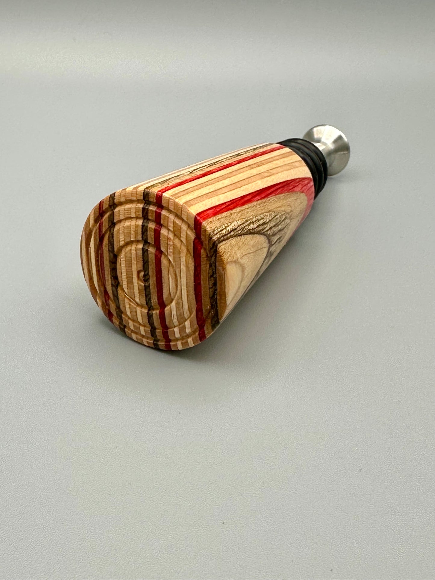 Red Streaked Wood and Stainless Steel Bottle Stopper