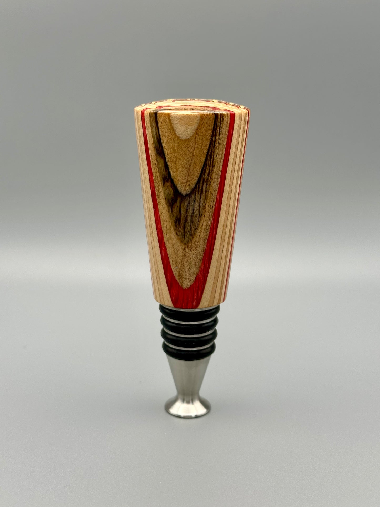 Red Streaked Wood and Stainless Steel Bottle Stopper