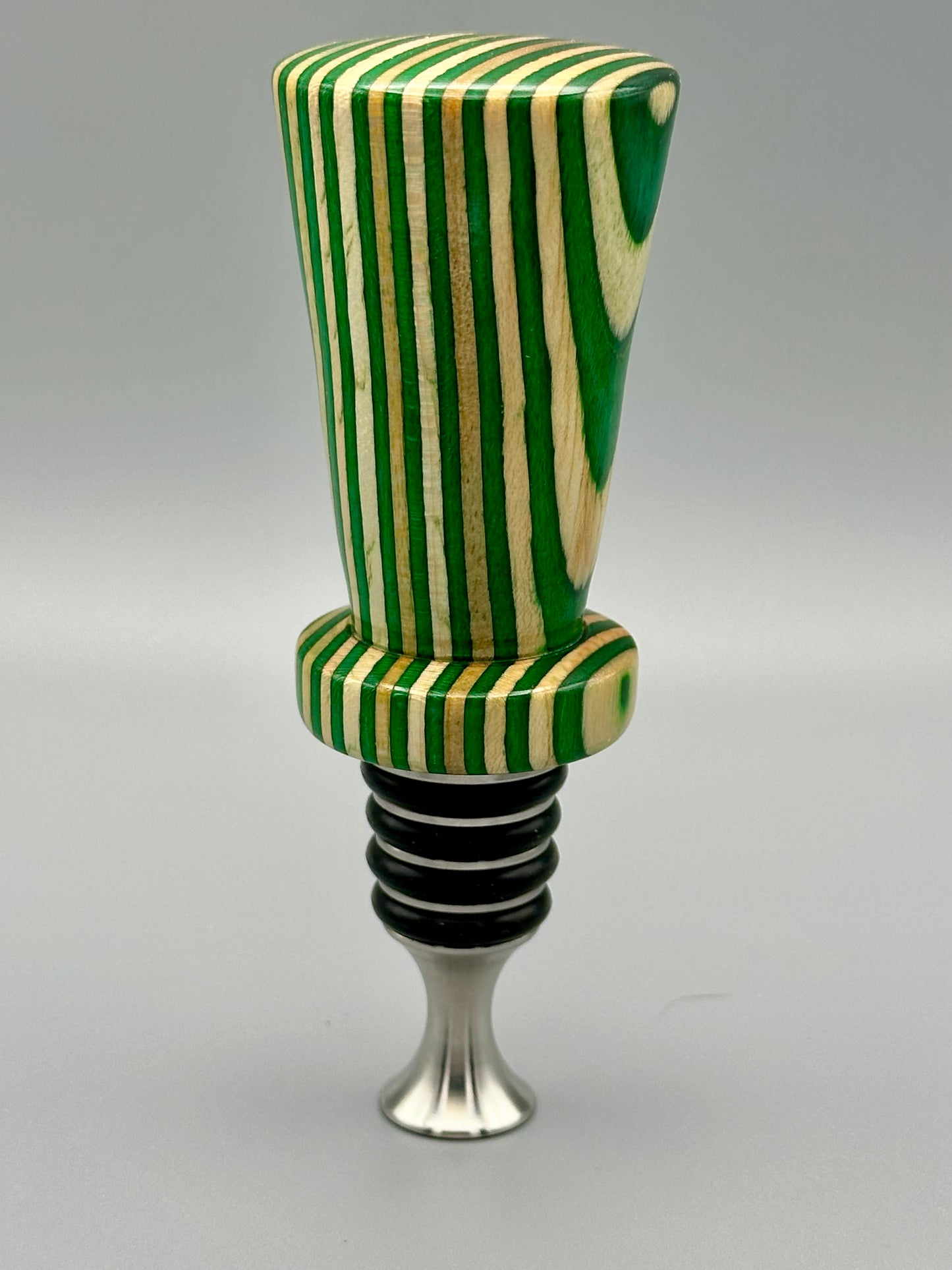 Green Candycane Wood and Stainless Steel Bottle Stopper