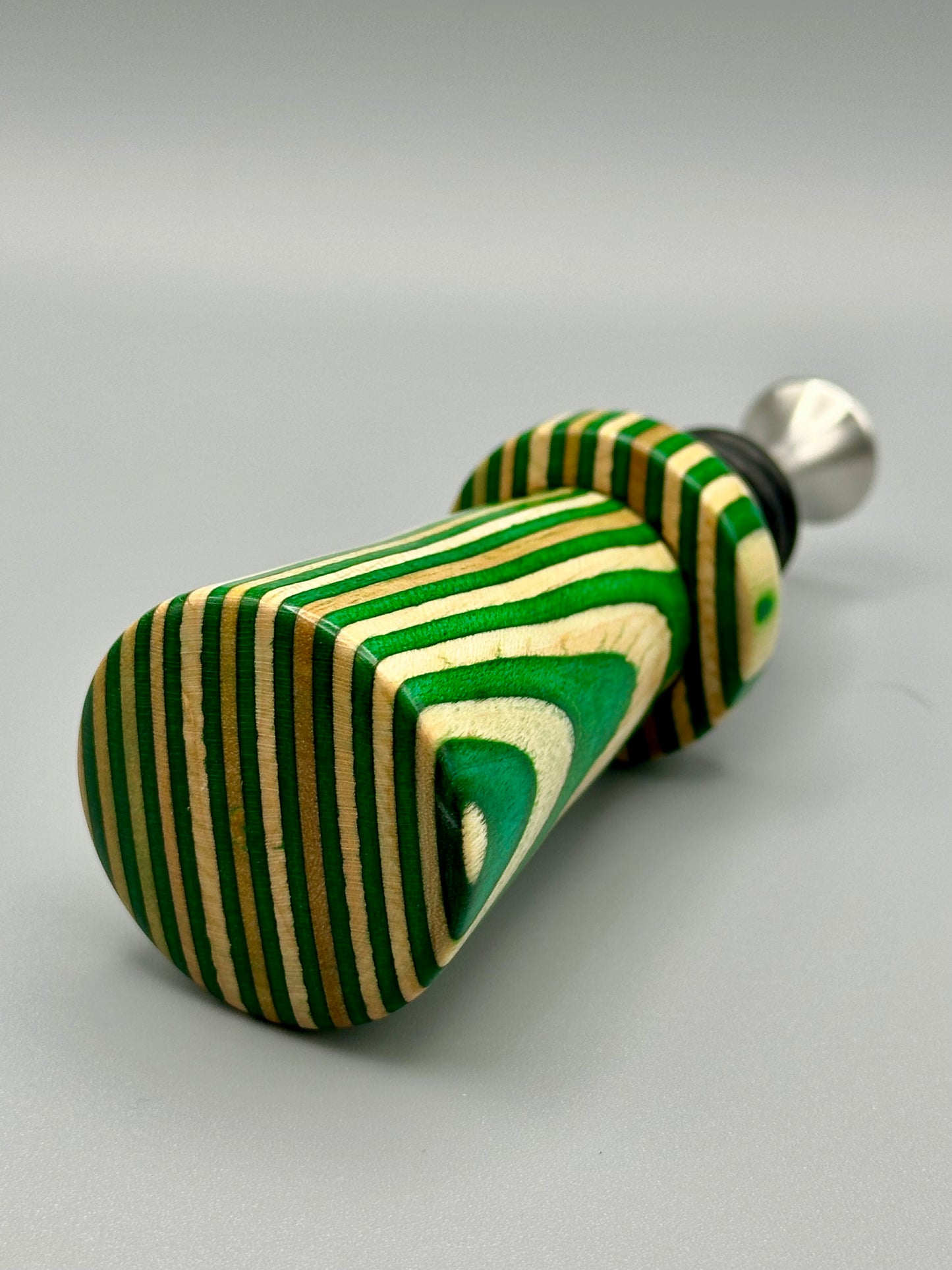 Green Candycane Wood and Stainless Steel Bottle Stopper